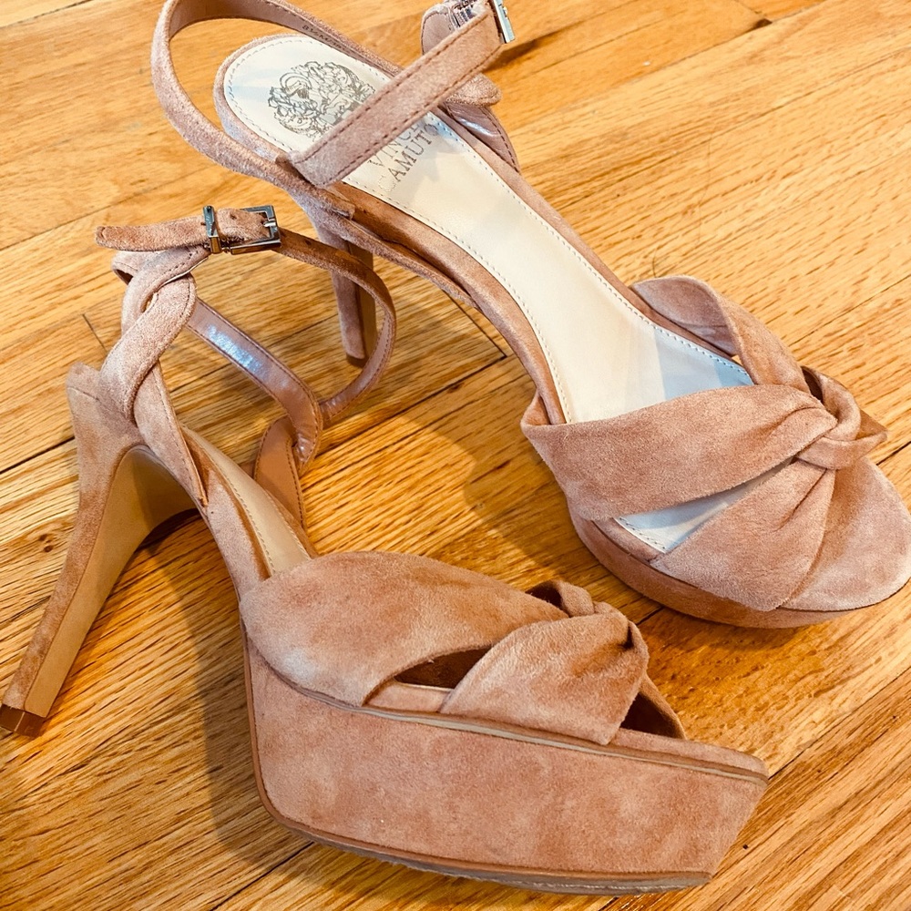 Vince Camuto suede nude platform sandals.